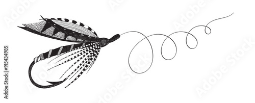 Fly fishing lure. Vintage fly tied with feathers by ink.