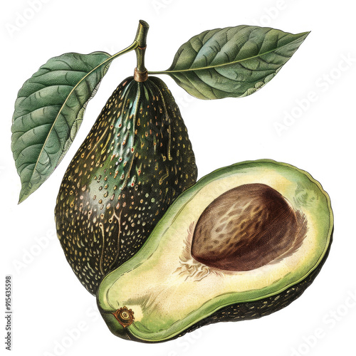 A whole and halved avocado with a leaf, illustrated in a vintage style. photo