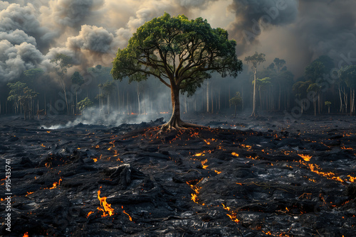 Green tree survived forest fire. Flames engulf tropical forest, burnt earth, thick gray smoke billowing into air. Concept of environmental disaster, wildfire, deforestation photo