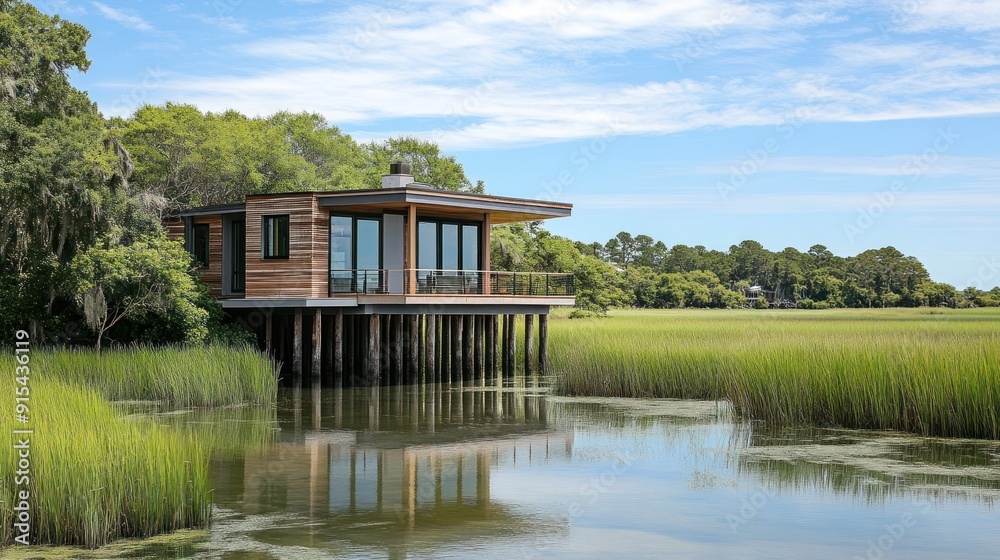 Modern House on Stilts Overlooking a Marsh Modern House on Stilts Overlooking a Marsh