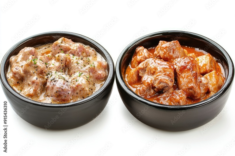 Two Bowls of Meat in Creamy and Spicy Sauces Two Bowls of Meat in Creamy and Spicy Sauces