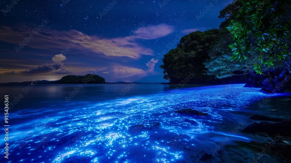 A beautiful night sky with a blue ocean and a green forest. The stars are shining brightly in the sky A beautiful night sky with a blue ocean and a green forest. The stars are shining brightly in the sky