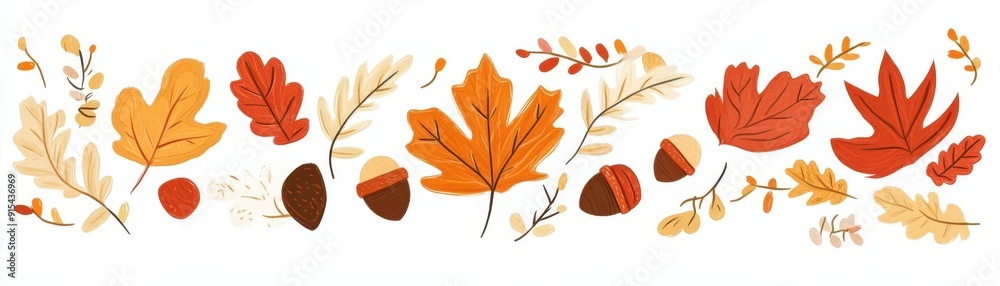 Obraz premium A vibrant collection of autumn leaves and acorns in warm hues, perfect for seasonal designs and festive decor.