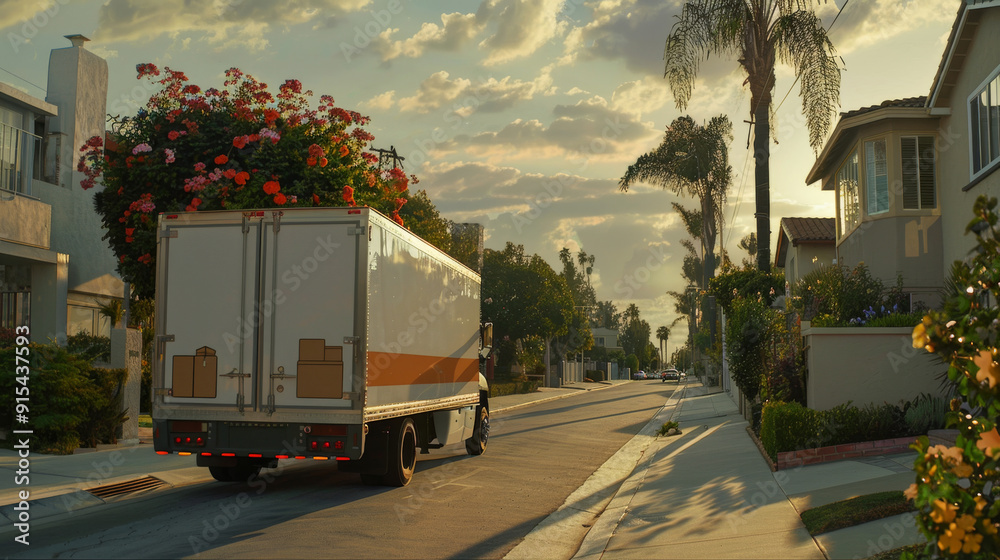 The moving truck is driving down the street, it has a lot of flowers on top The moving truck is driving down the street, it has a lot of flowers on top