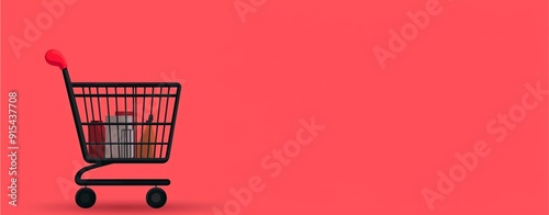 Minimalist illustration of a shopping cart with items inside against a red background. photo