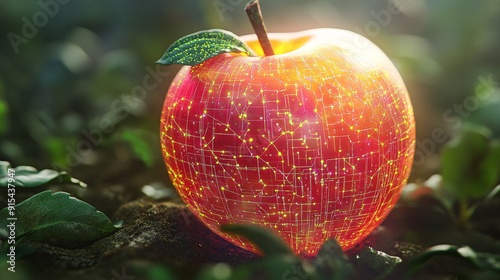 A futuristic vision of cybernetic agriculture, where fruits are infused with digital veins and a tech mesh. The glowing grid overlay enhances the fruitâ€™s appearance, highlighting the networked nodes