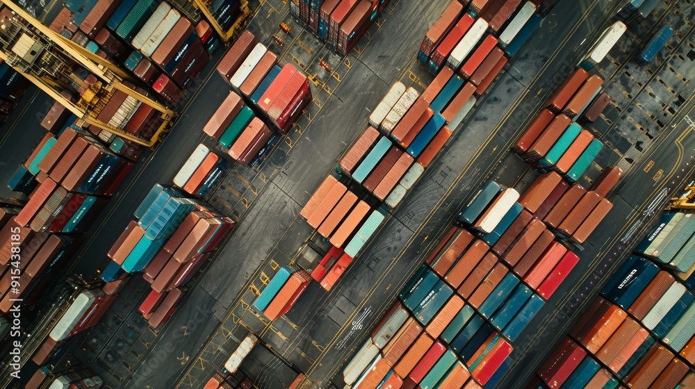 Top view of cargo ship containers at the shipping yard Top view of cargo ship containers at the shipping yard