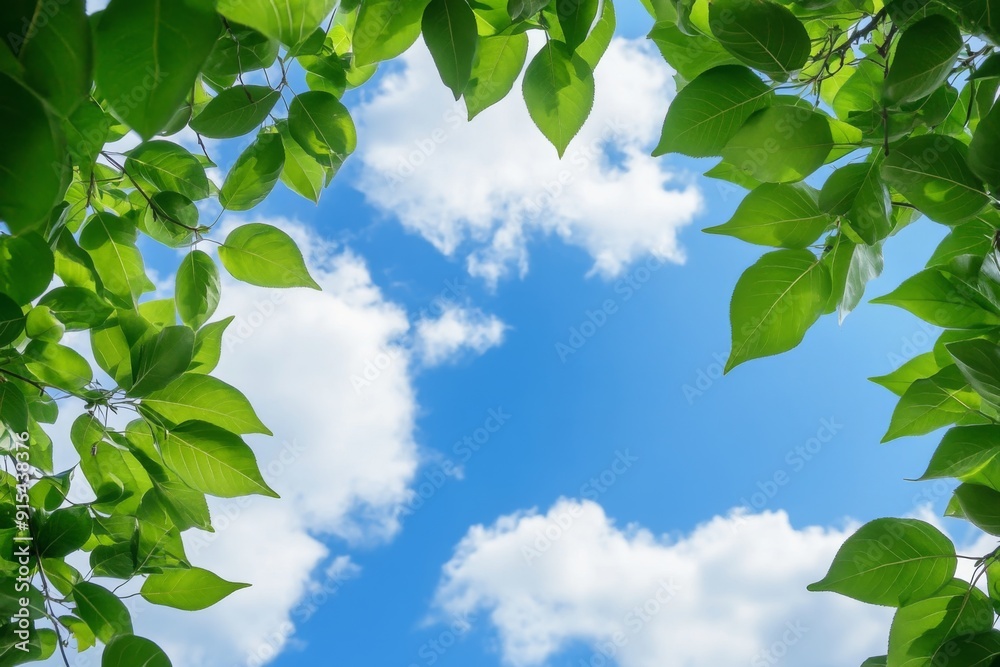 Obraz premium Nature's Tranquil Canopy: A Serene Skyscape with Lush Green Leaves and Fluffy Clouds, Perfect for Blog Posts with Space for Text Overlays