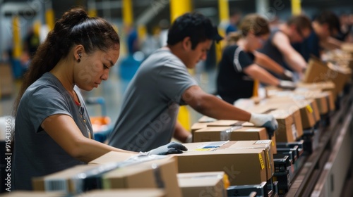 Employees work on an assembly line at an Amazon warehouse.