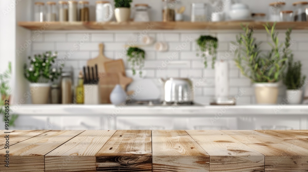 Product display on clear wooden table with blurry kitchen backdrop Product display on clear wooden table with blurry kitchen backdrop