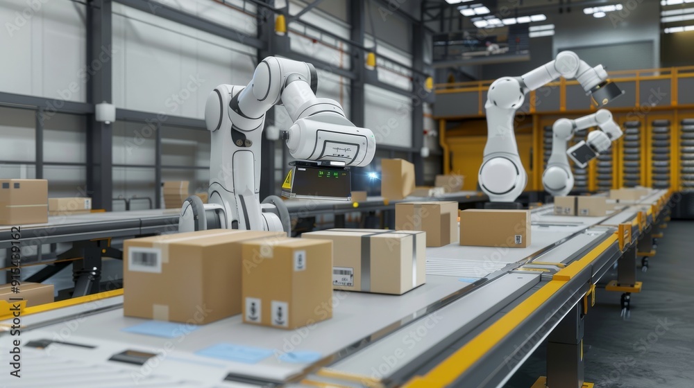 Naklejka premium The image shows a robotic arm in a factory setting. The robot is picking up a box and placing it on a conveyor belt.