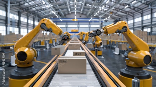 The picture shows automated production line with robotic arms.