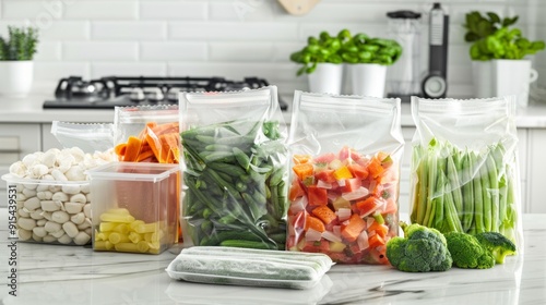 A variety of vegetables are displayed in plastic bags on a counter