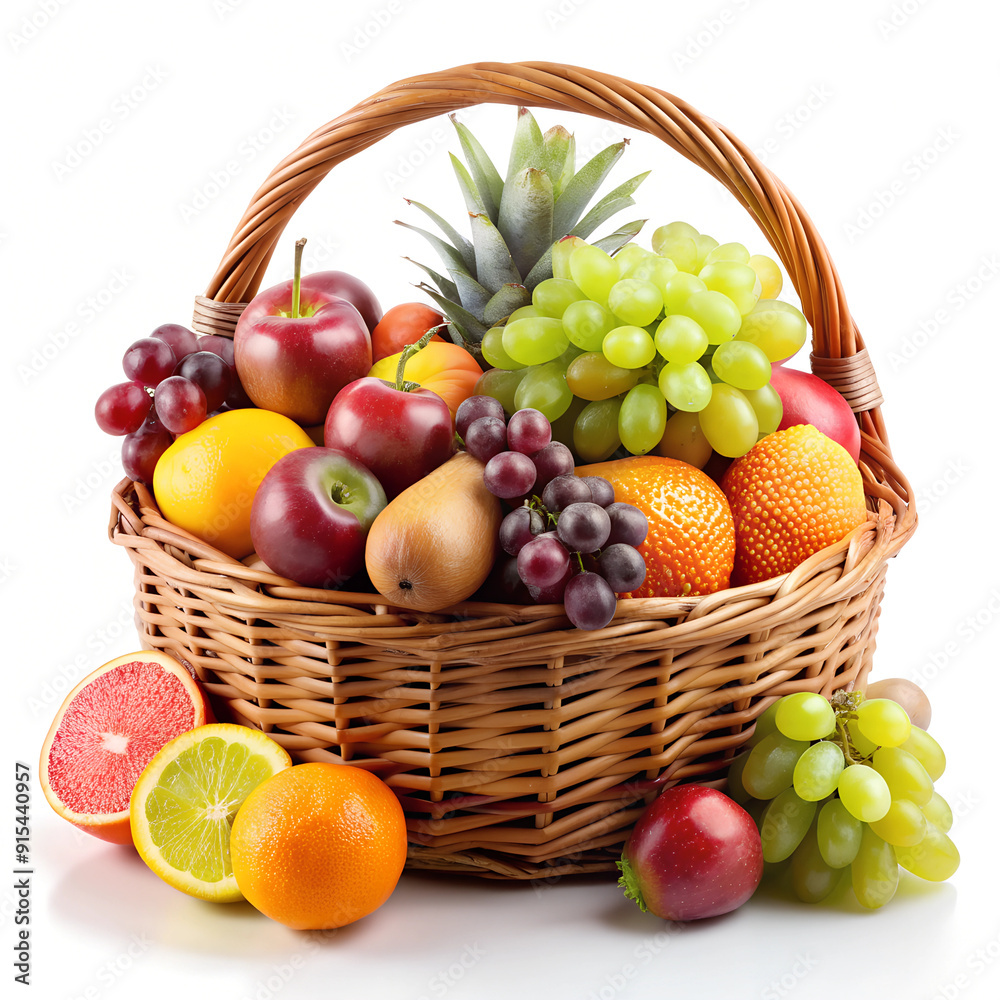 Fresh Fruits in a Wicker Basket on a White Background. A Variety of Vibrant, Juicy Fruits Displayed in a Rustic Basket, Creating a Bright and Inviting Composition. Fresh Fruits in a Wicker Basket on a White Background. A Variety of Vibrant, Juicy Fruits Displayed in a Rustic Basket, Creating a Bright and Inviting Composition.
