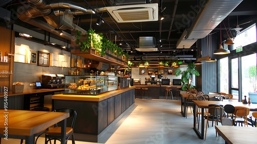 The coffee shop sports a modern ceiling roof mounted cassette air conditioning system