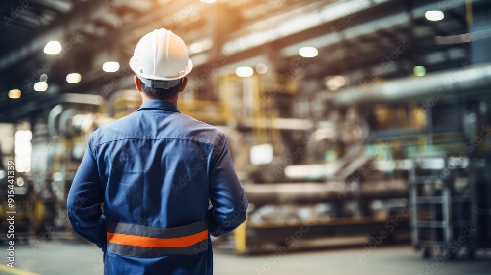A confident male engineer stands with a large factory A confident male engineer stands with a large factory