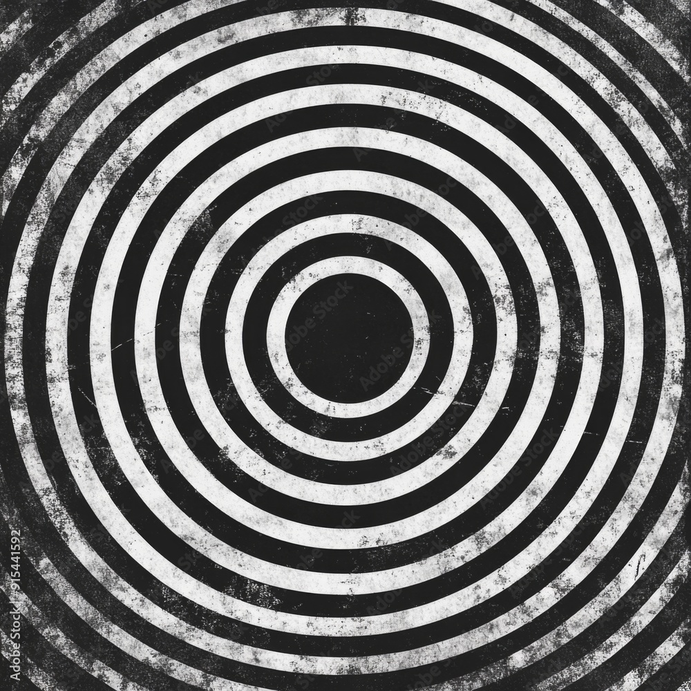 Obraz premium Abstract Black and White Concentric Circle Pattern on a Grungy Background, Suited for Retro, Vintage, or Visual Illusion Design Themes