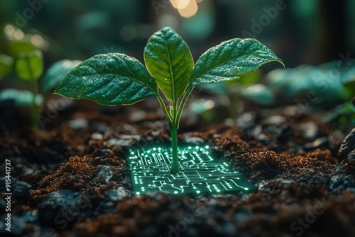 sprouting seedling with circuit board roots futuristic greenhouse biodigital fusion soft glow clean energy concept photo