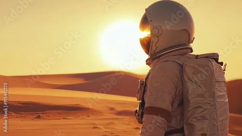 Astronaut wearing space suit walking on a red planet. Mars colonization concept