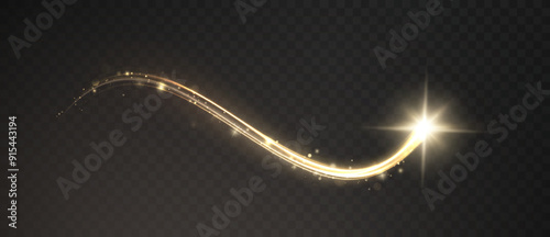 Gold curved light line, rope, tape. Smooth festive gold line png with light effects. Light golden Twirl png. Curve light effect of golden line. Luminous golden spiral png.	
