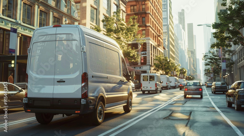 White van driving down a busy city street.