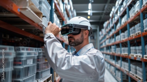 Plakat Warehouse worker wearing virtual reality headset