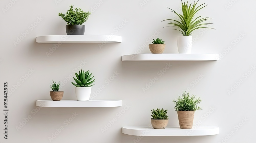 Stylish white shelves enhance the modern living room, showcasing various plants that add life and freshness to the cozy interior Stylish white shelves enhance the modern living room, showcasing various plants that add life and freshness to the cozy interior