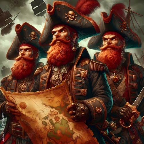 a pirate with red hair carrying a treasure map with a dashing look and a sharp gaze, Generative AI