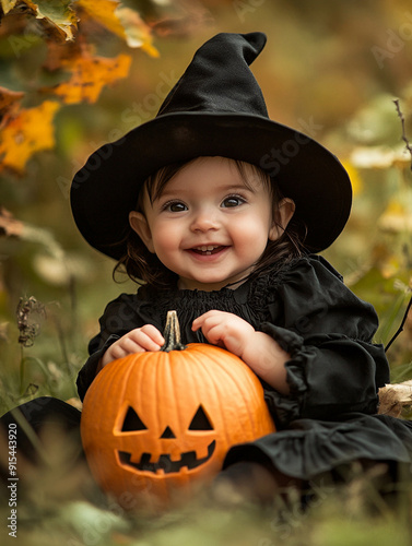 happy baby with pumpkin for Halloween 