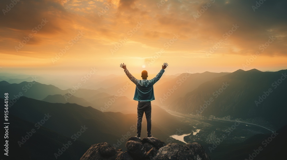 Fototapeta premium A silhouette of a man standing triumphantly on a mountain peak at sunset, 
