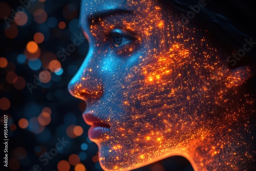 surreal aigenerated portrait of a humanoid with circuitlike patterns merging into human features set against a backdrop of swirling data streams