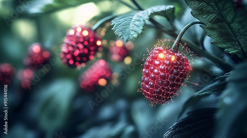 A striking portrayal of nano berries with tech-infused elements and digital growth. The berries are integrated with glowing circuitry and connected nodes, embodying a futuristic fruit design. The