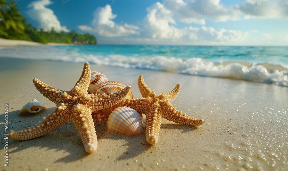 Beautiful beach with yellow starfish along the sandy coastline by the ocean Generate AI Beautiful beach with yellow starfish along the sandy coastline by the ocean Generate AI