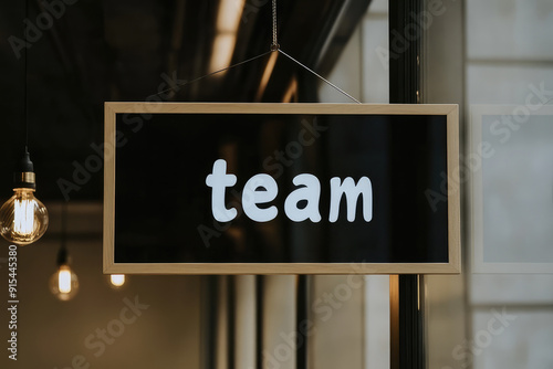 Image of a simple yet elegant black and white signboard with the word 'team' prominently displayed, ideal for corporate environments and representing teamwork and unity.