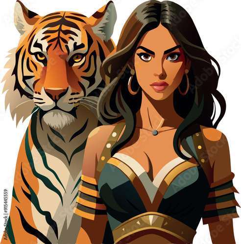 Illustration of a beautiful amazon warrior woman with long dark hair and a tiger by her side