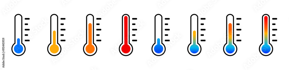 Isolated thermometer icon set. Blue cold red hot gradient temperature symbols. Flat set with blue purple red orange and yellow thermometer icons on white background. Isolated thermometer icon set. Blue cold red hot gradient temperature symbols. Flat set with blue purple red orange and yellow thermometer icons on white background.