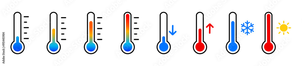 Thermometer with yellow-blue-red gradient scale, climate control, weather change, flat vector two-color icon with sun or snowfall, weather icon. Temperature thermometer icon collection on white backgr