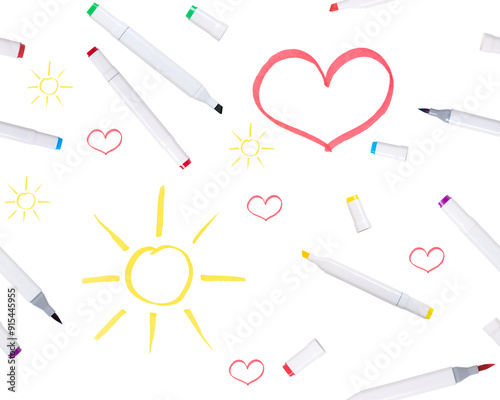 Seamless pattern, colored markers and sun and heart drawings.