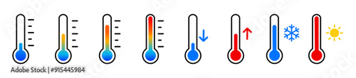 Obraz na płótnie Thermometer with yellow-blue-red gradient scale, climate control, weather change, flat vector two-color icon with sun or snowfall, weather icon. Temperature thermometer icon collection on white backgr w salonie