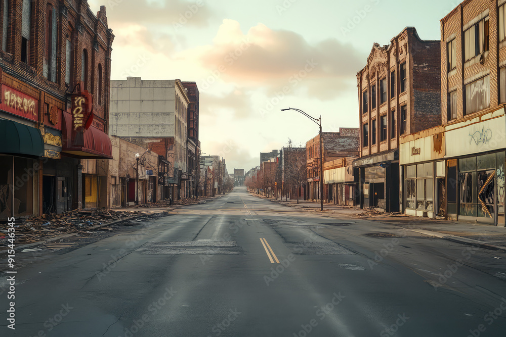 Desolate City Street with Empty Buildings and Boarded-up Shops Against a Cloudy Sky Desolate City Street with Empty Buildings and Boarded-up Shops Against a Cloudy Sky
