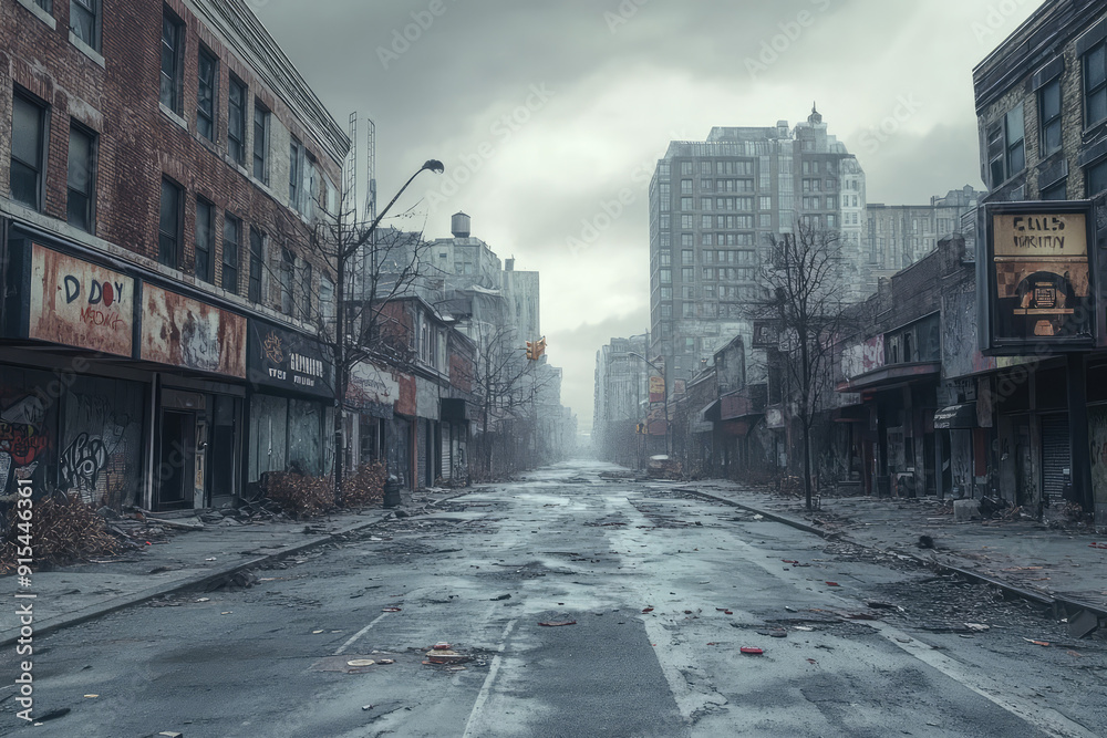 Fototapeta premium A Desolate Cityscape: Empty Streets Reflecting Abandonment and Decay