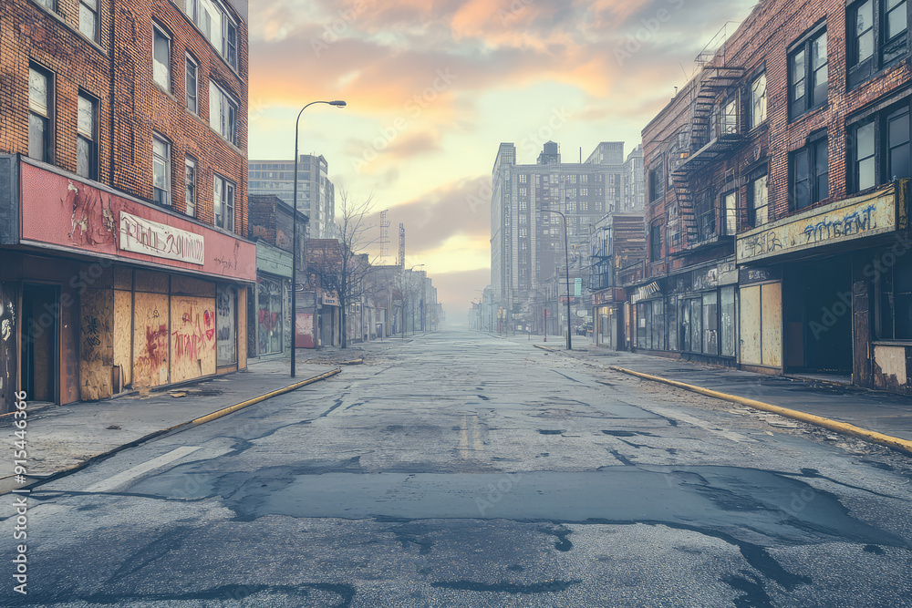 A Hauntingly Empty Cityscape at Dawn with Abandoned and Boarded-Up Buildings