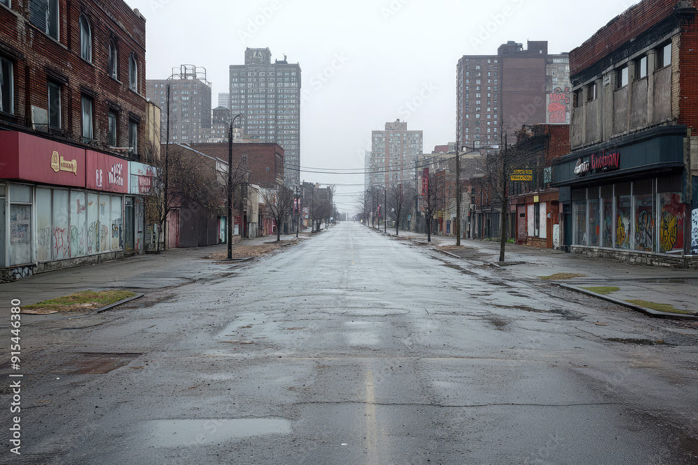 Fototapeta premium A desolate city street with boarded-up buildings and overcast skies reveals a hauntingly abandoned urban landscape.