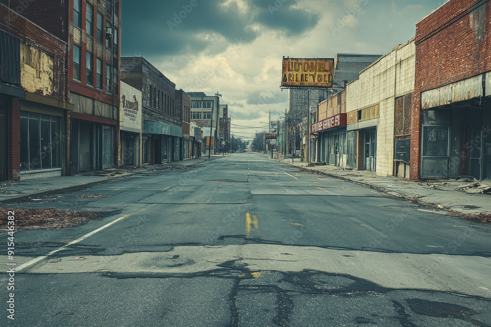 Fototapeta premium A Glimpse into an Abandoned Urban Landscape with Empty Streets and Boarded-Up Shops