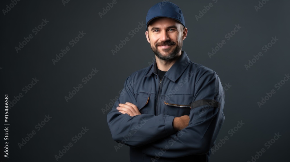 Portrait of smiling worker in uniform with crossed hands Portrait of smiling worker in uniform with crossed hands