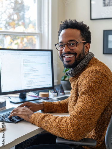 Happy man sitting and working at his desk from home
