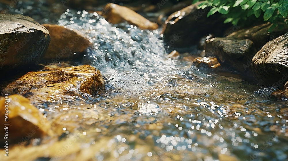 Close-Up of a Sparkling Stream Flowing Over Smooth Rocks - Realistic Photo Close-Up of a Sparkling Stream Flowing Over Smooth Rocks - Realistic Photo
