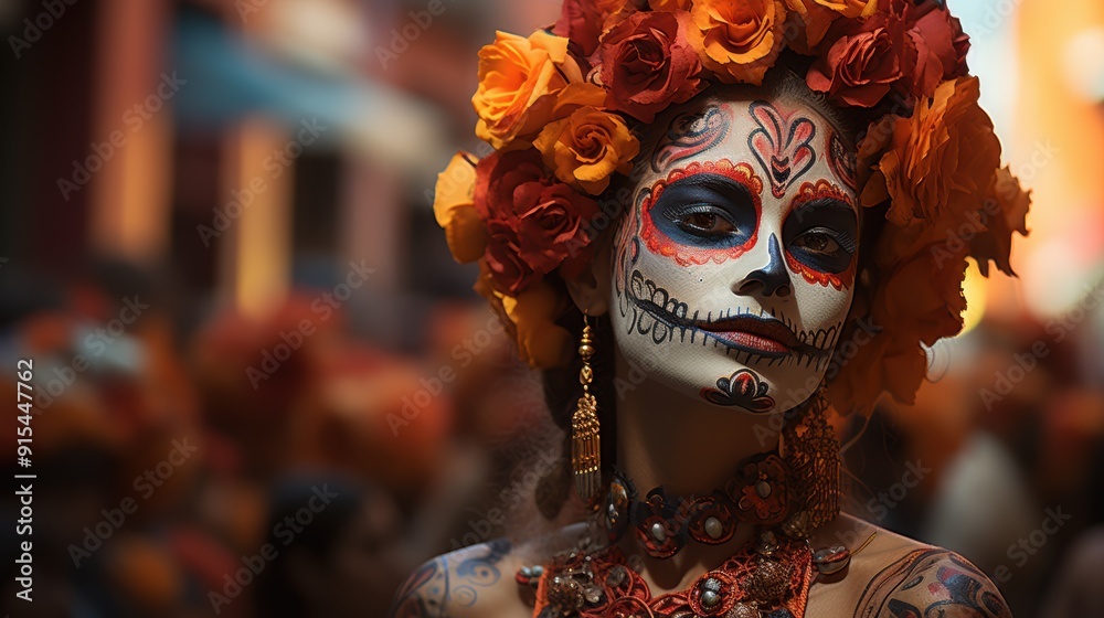 Woman with sugar skull makeup and floral headpiece for Day of the Dead Woman with sugar skull makeup and floral headpiece for Day of the Dead