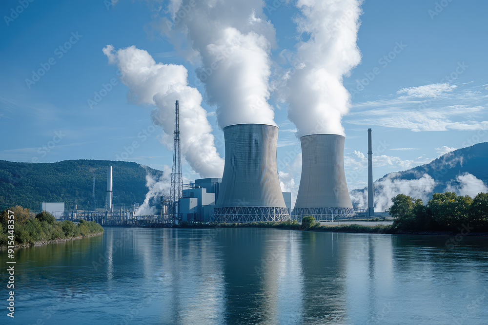 Steam Billows from Cooling Towers of Modern Power Plant Near Tranquil River Steam Billows from Cooling Towers of Modern Power Plant Near Tranquil River
