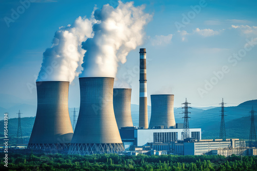 Steam Rising From Towering Cooling Towers of a Modern Power Plant Set Against a Blue Sky